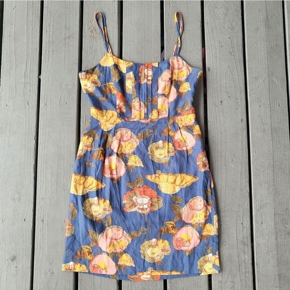 Anthro Maeve Peony Slip Dress Silk Blend Floral Strappy Open Back Blue Size 10 - Picture 3 of 13